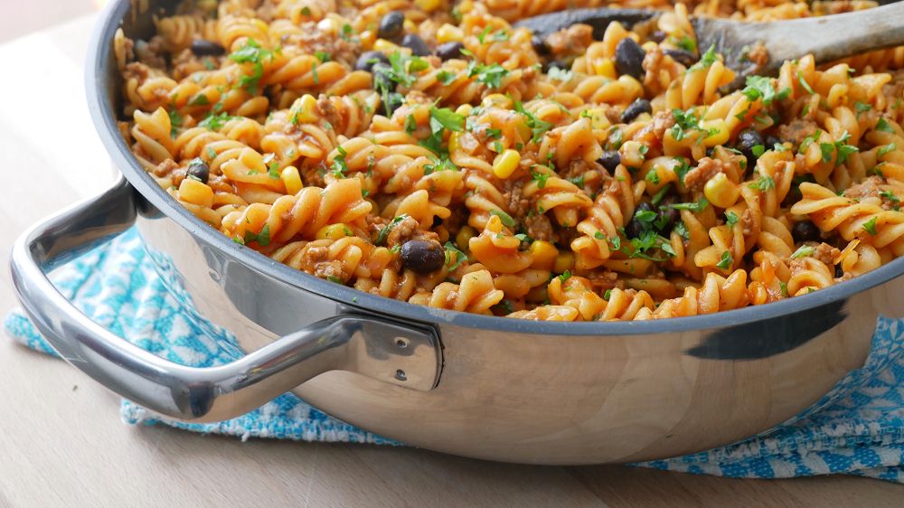 TexMex One Pot Pasta with Beef, Corn & Beans