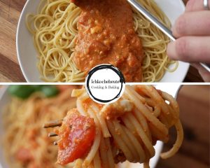 Spaghetti mit Tomaten Feta Sauce Anrichten