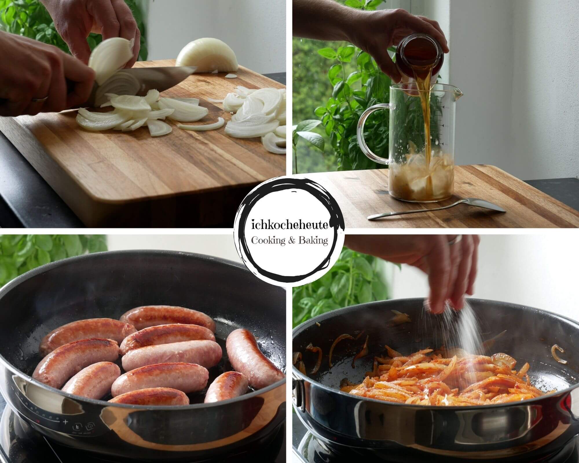 Preparing Bratwurst Sausages with Onion Gravy