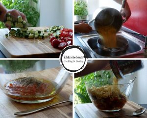 Vorbereitungen für den schnellen Nudelsalat mit Feta & Gemüse