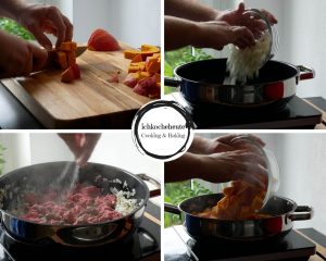 Vorbereitungen für die Kürbis Gnocchi Pfanne mit Hackfleisch