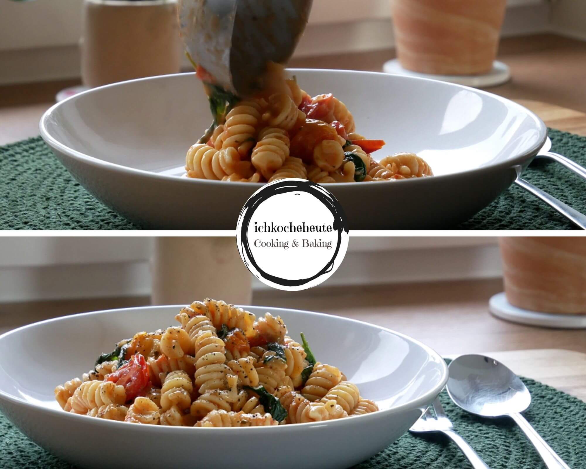 Serving One Pot Pasta with Tomatoes & Spinach