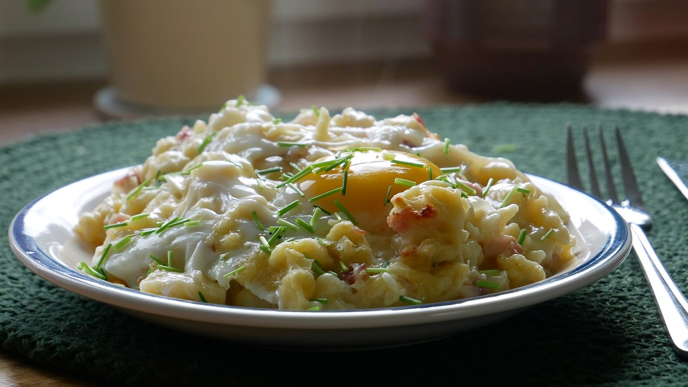 Oven-Baked Cheese Spaetzle with Fried Eggs