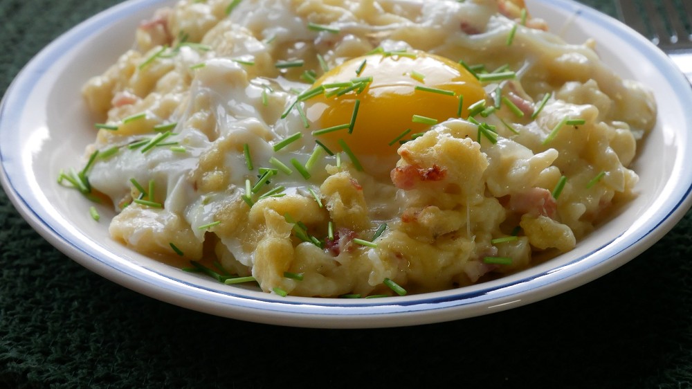 Oven-Baked Cheese Spaetzle with Fried Eggs