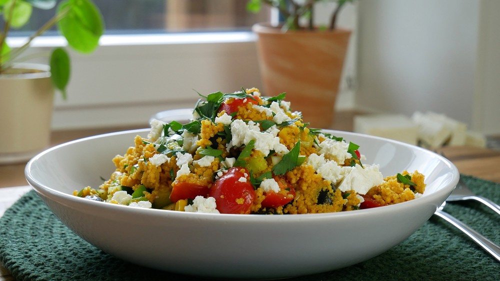 Simple Couscous Salad with Veggies & Feta Cheese