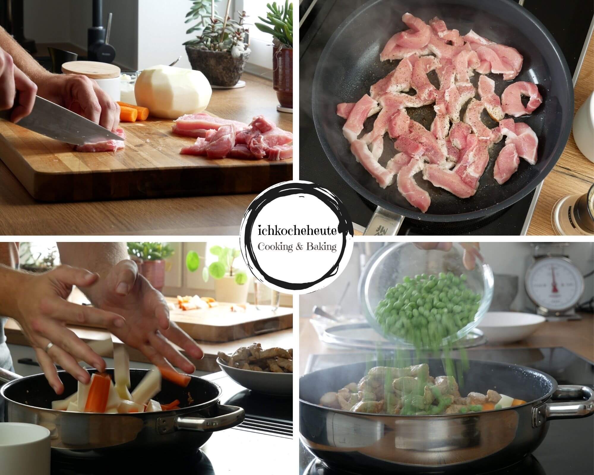 Preparing Meat Strips with Kohlrabi, Carrots & Peas