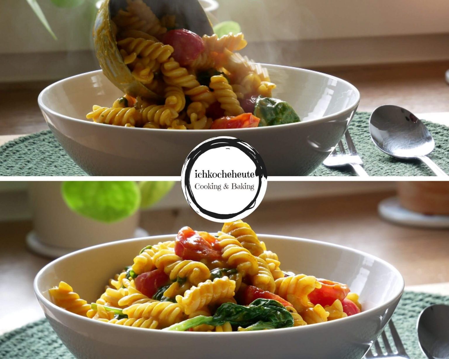 Pasta mit Kürbissauce, Tomaten &amp; Blattspinat - ichkocheheute.de