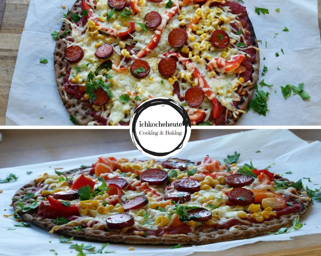 Schnelle Knäckebrot Pizza mit Paprika, Mais &amp; Salami - ichkocheheute.de