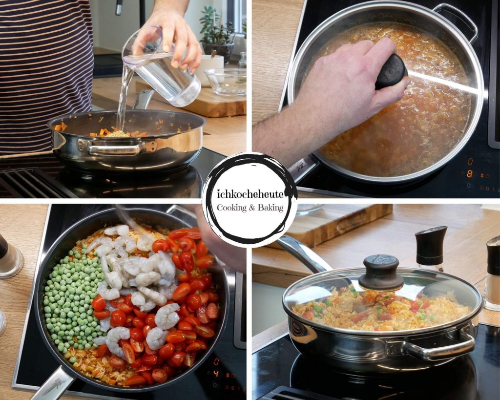 Schnelle One Pot Reispfanne mit Garnelen, Tomaten &amp; Erbsen ...