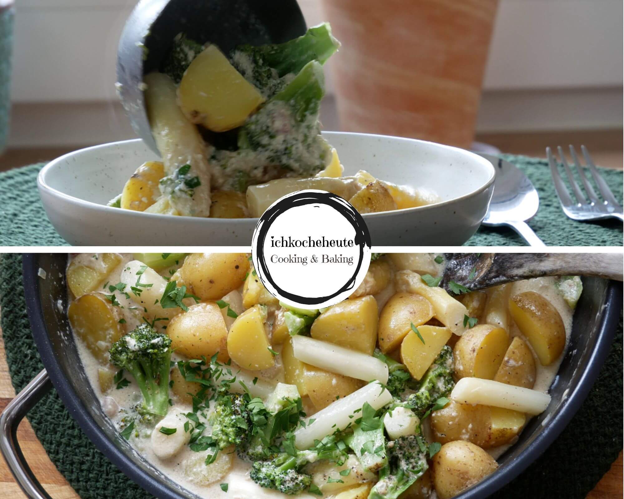 Schnelle Kartoffelpfanne mit Spargel, Brokkoli & Speck Servieren