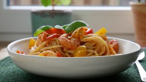 Schnelle Garnelen Paprika Spaghetti