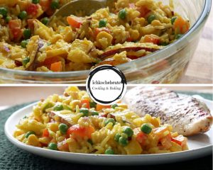 Curry Reis Salat mit Pfirsichen & Hähnchen Servieren