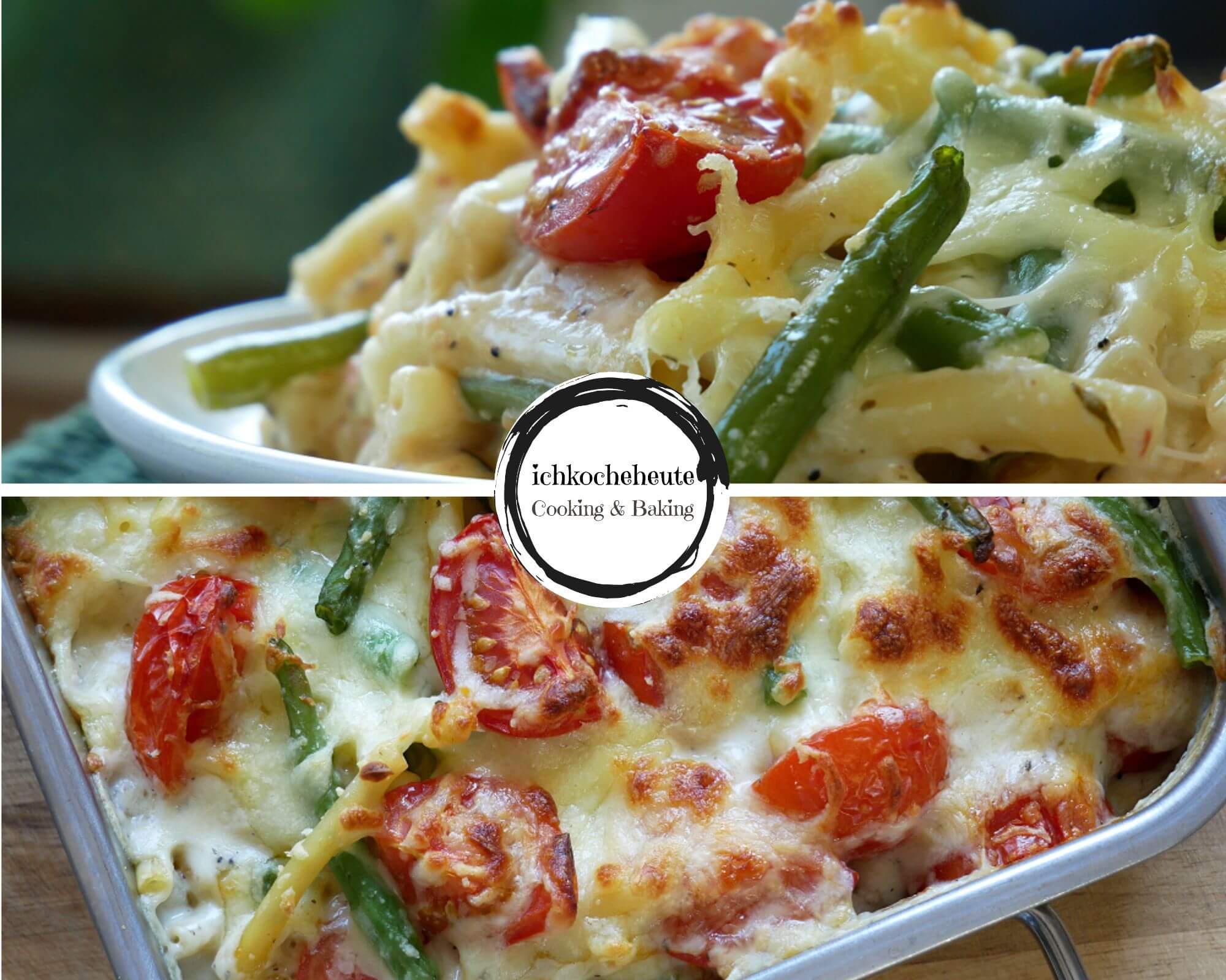 Serving Pasta Bake with Green Beans & Tomatoes
