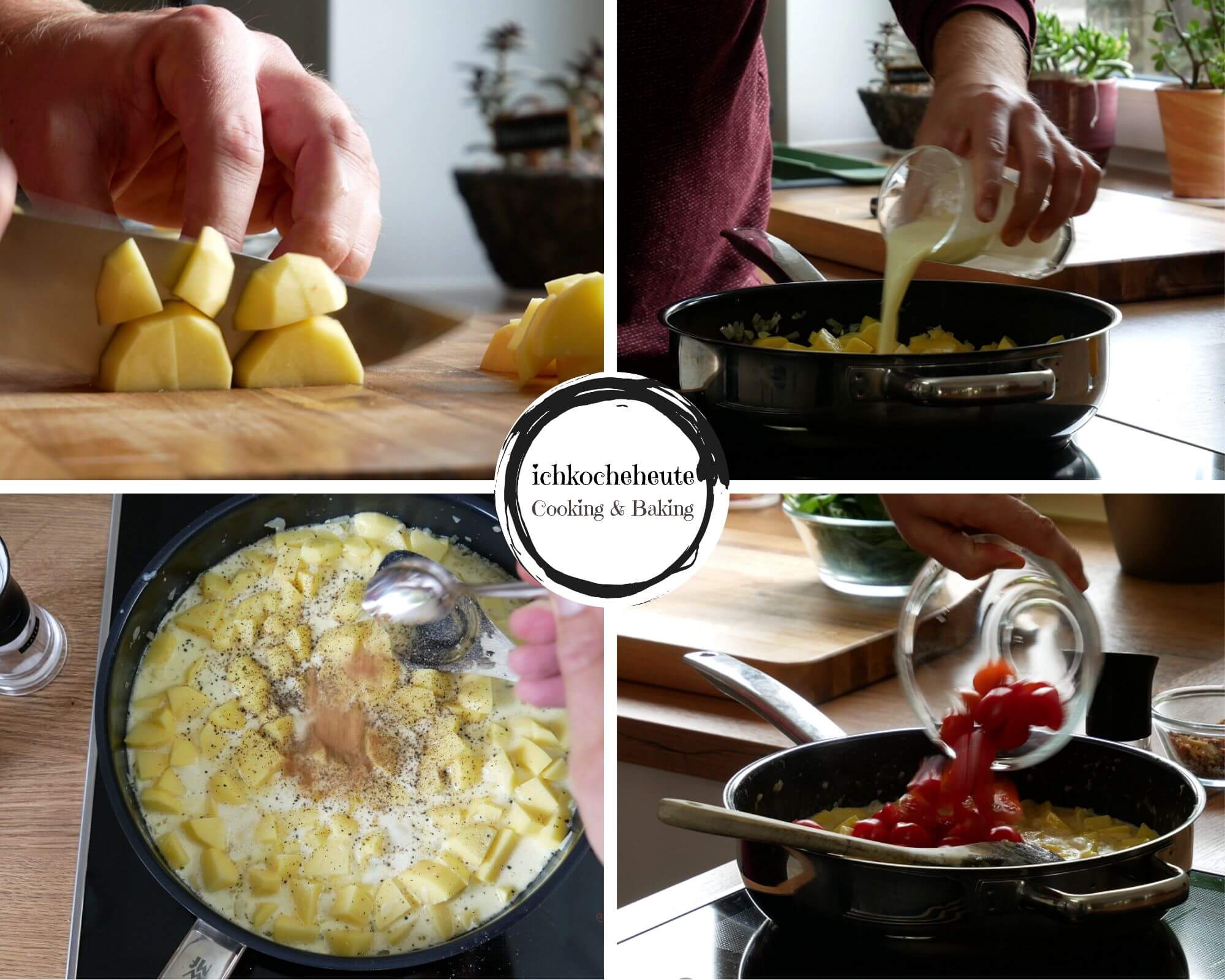 Vorbereitungen für die Kartoffelpfanne mit Blattspinat & Tomaten