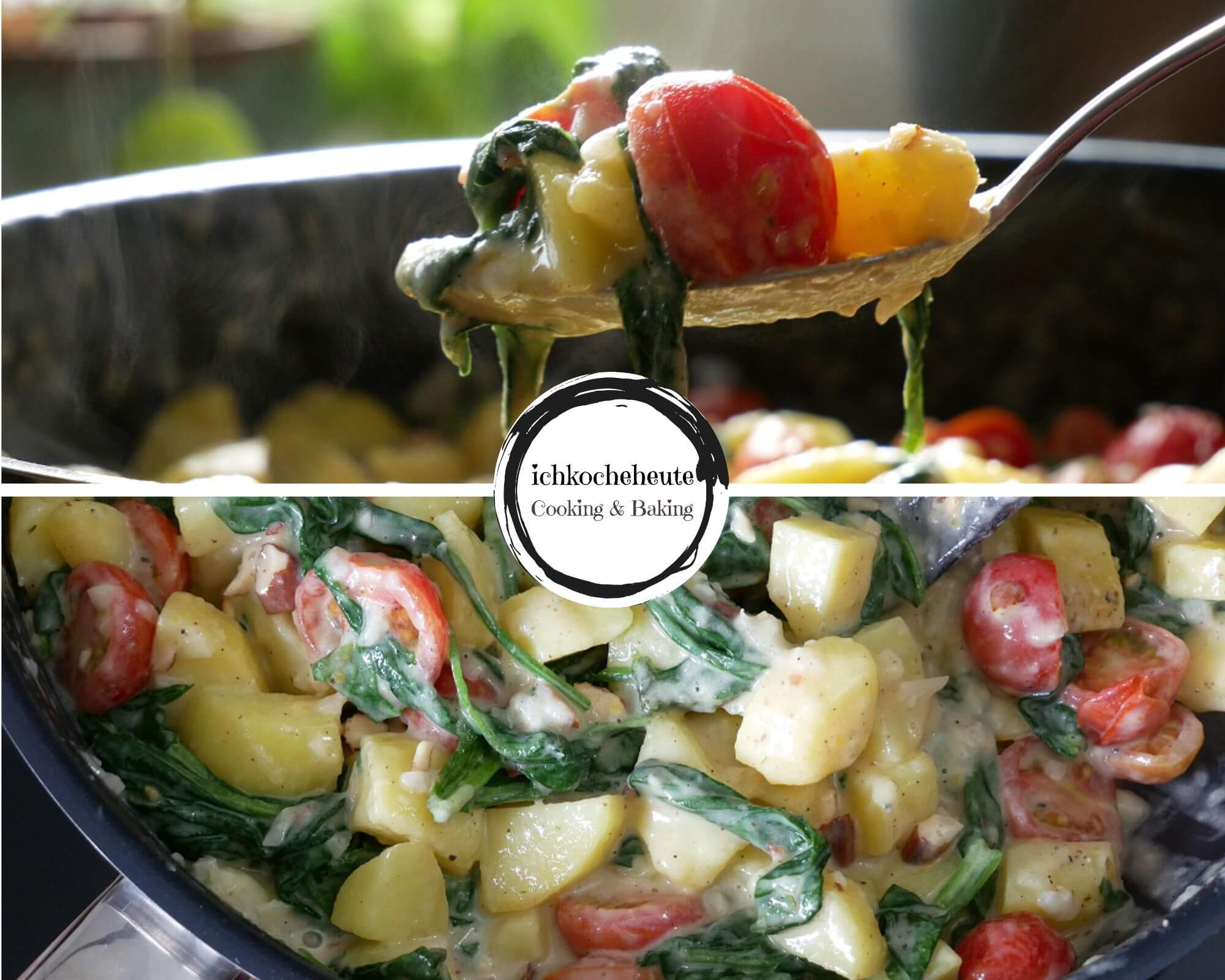 Serving Creamy Potatoes with Spinach & Tomatoes