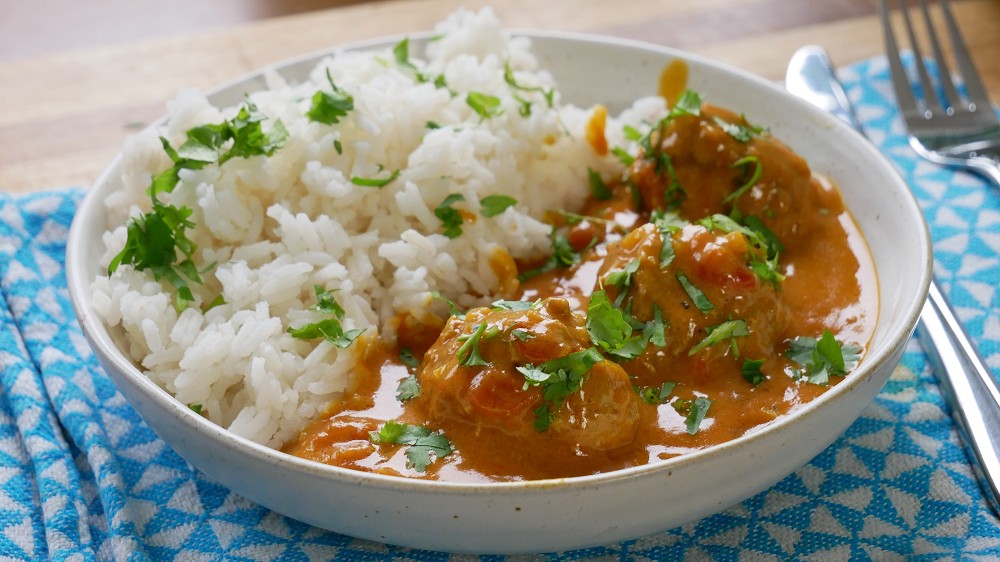 Meatballs with Coconut Tomato Sauce and Rice