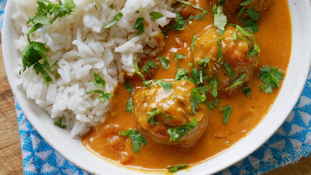 Meatballs with Coconut Tomato Sauce and Rice