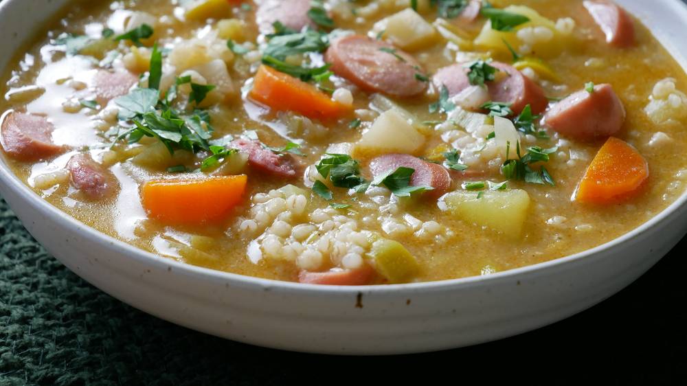 Pearl Barley Stew with Potatoes & Sausages