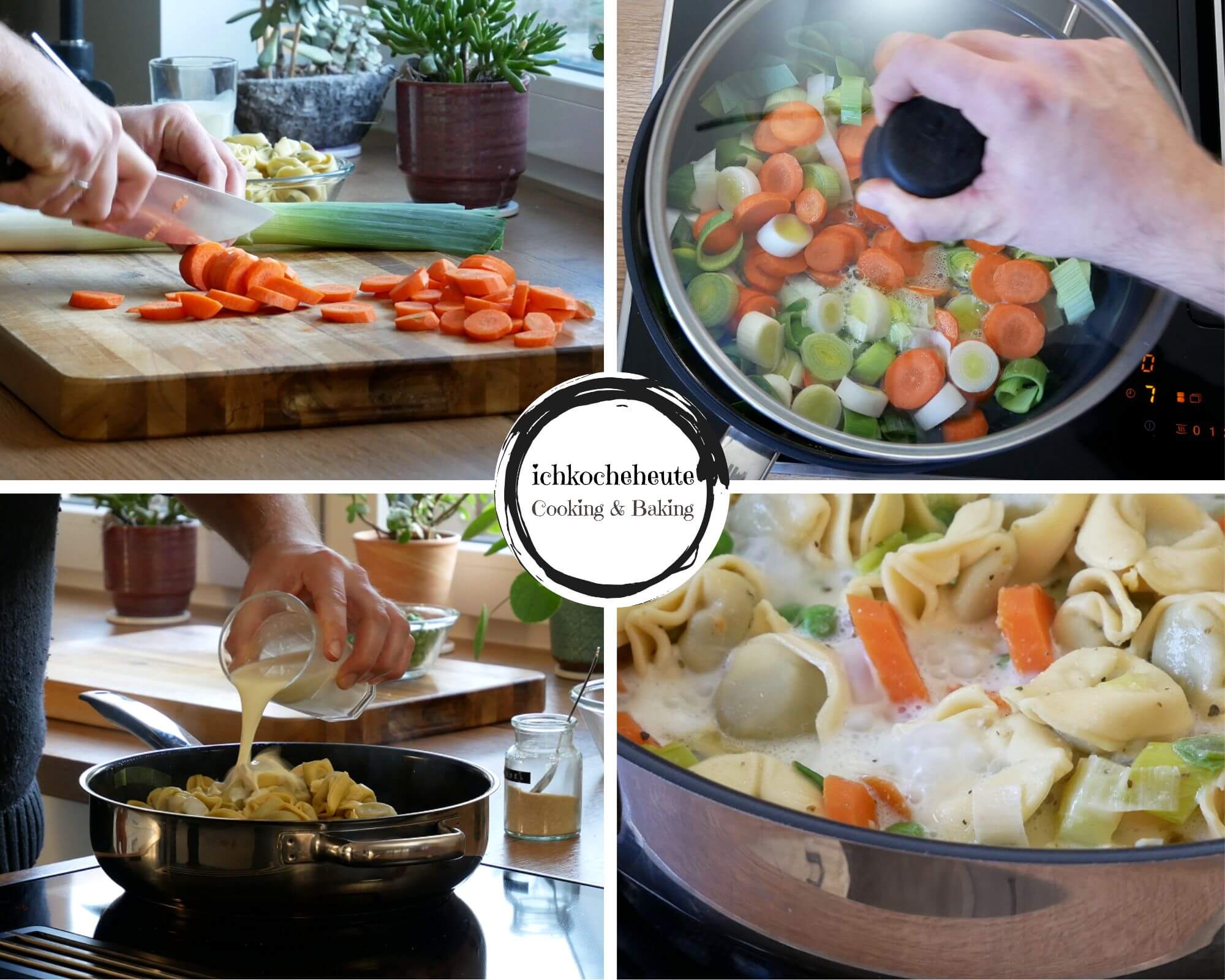 Preparing Colorful Tortellini Stir-Fry with Carrots, Leek & Peas