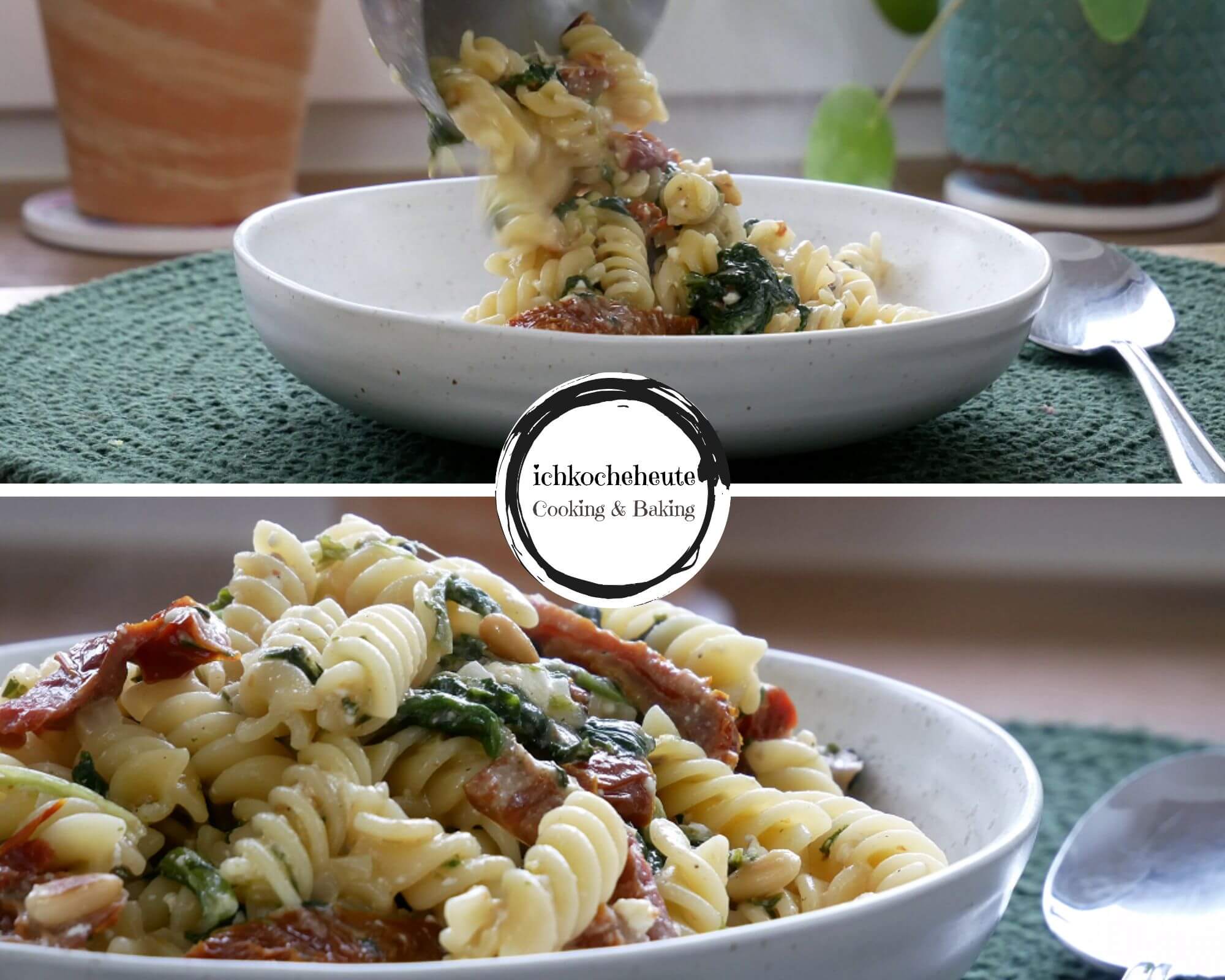 Serving One Pot Pasta with Feta, Spinach & Dried Tomatoes
