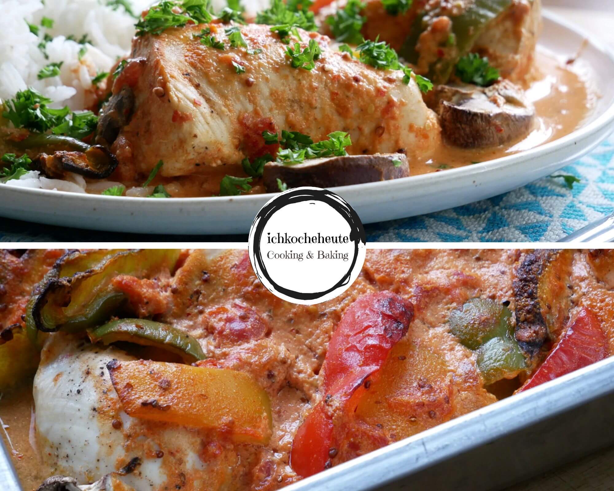 Serving Oven Baked Chicken with Bell Peppers & Mushrooms